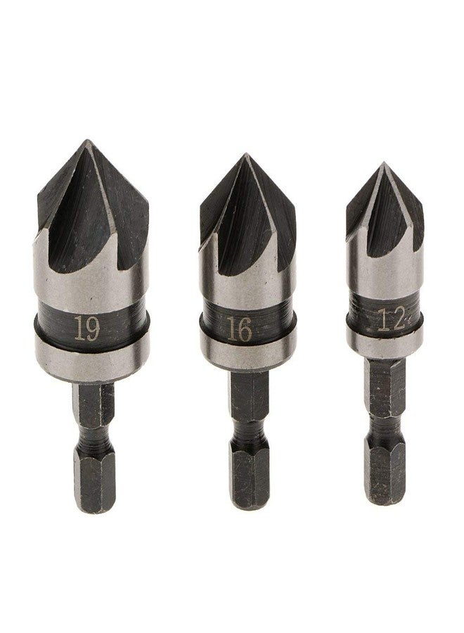 KP2® 3 Pieces Countersink Drill Bit Set, 1/4 Inch Hex Shank 5 Flute 90 Degree Woodworking Chamfer Drilling Tools Countersink Bits, ø12mm / 16mm / 19mm - Image 1